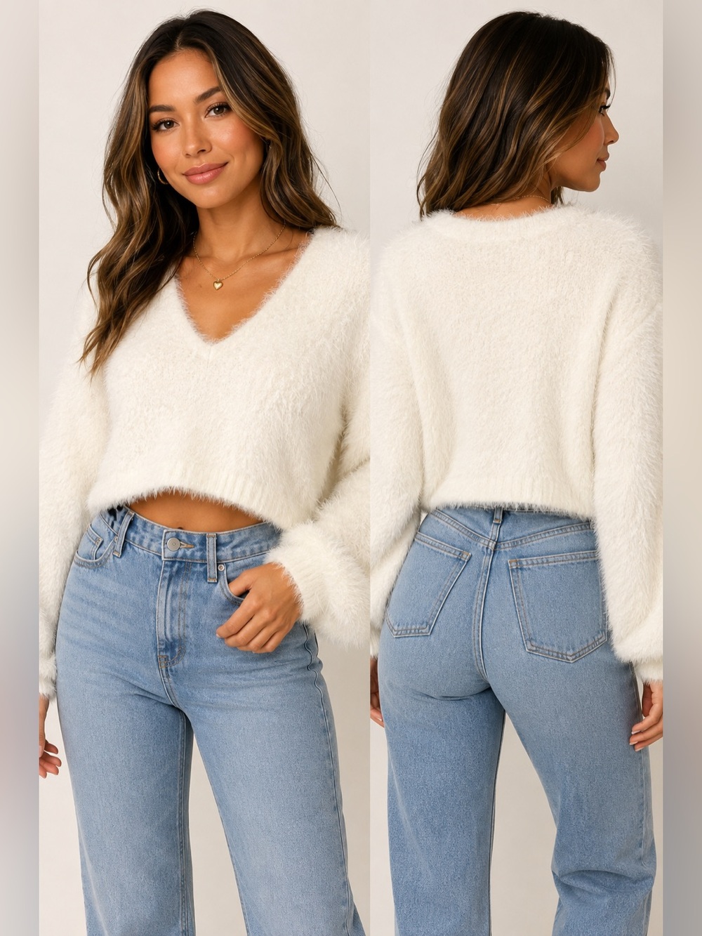 HYFVE Ivory Fuzzy Eyelash Knit Cropped V-Neck Sweater Size L